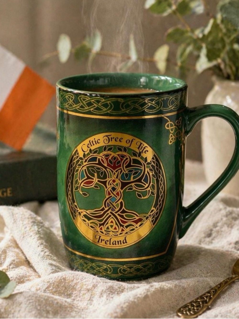 Green Celtic Tree of Life Ireland Ceramic Mug with Gold Accents